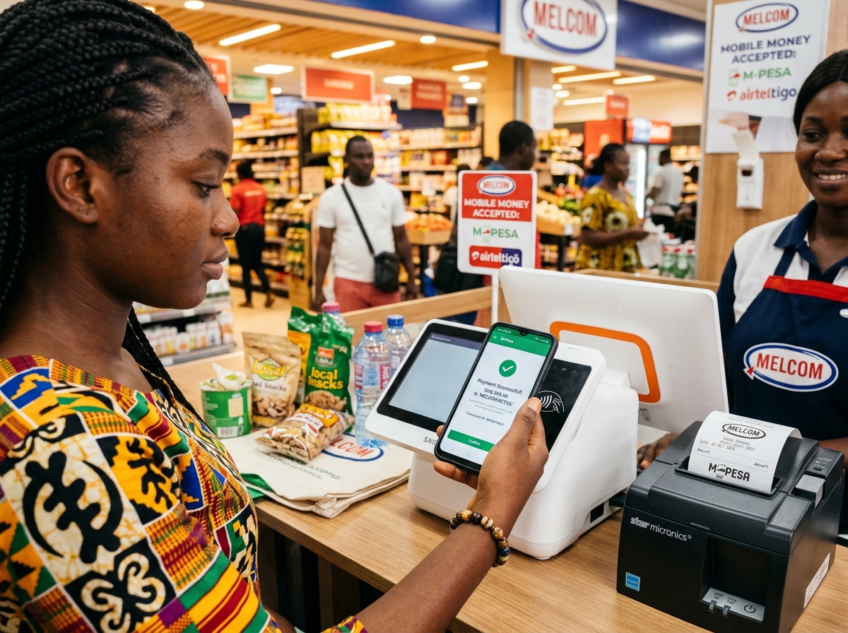 Paiement Mobile Money M-Pesa au comptoir d'une boutique